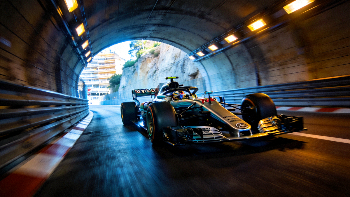F1赛车在摩纳哥著名的隧道（Tunnel）中高速穿行，光线明暗对比强烈